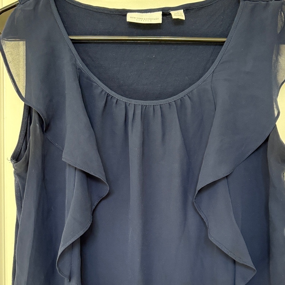 New York & Company Navy Ruffle Blouse